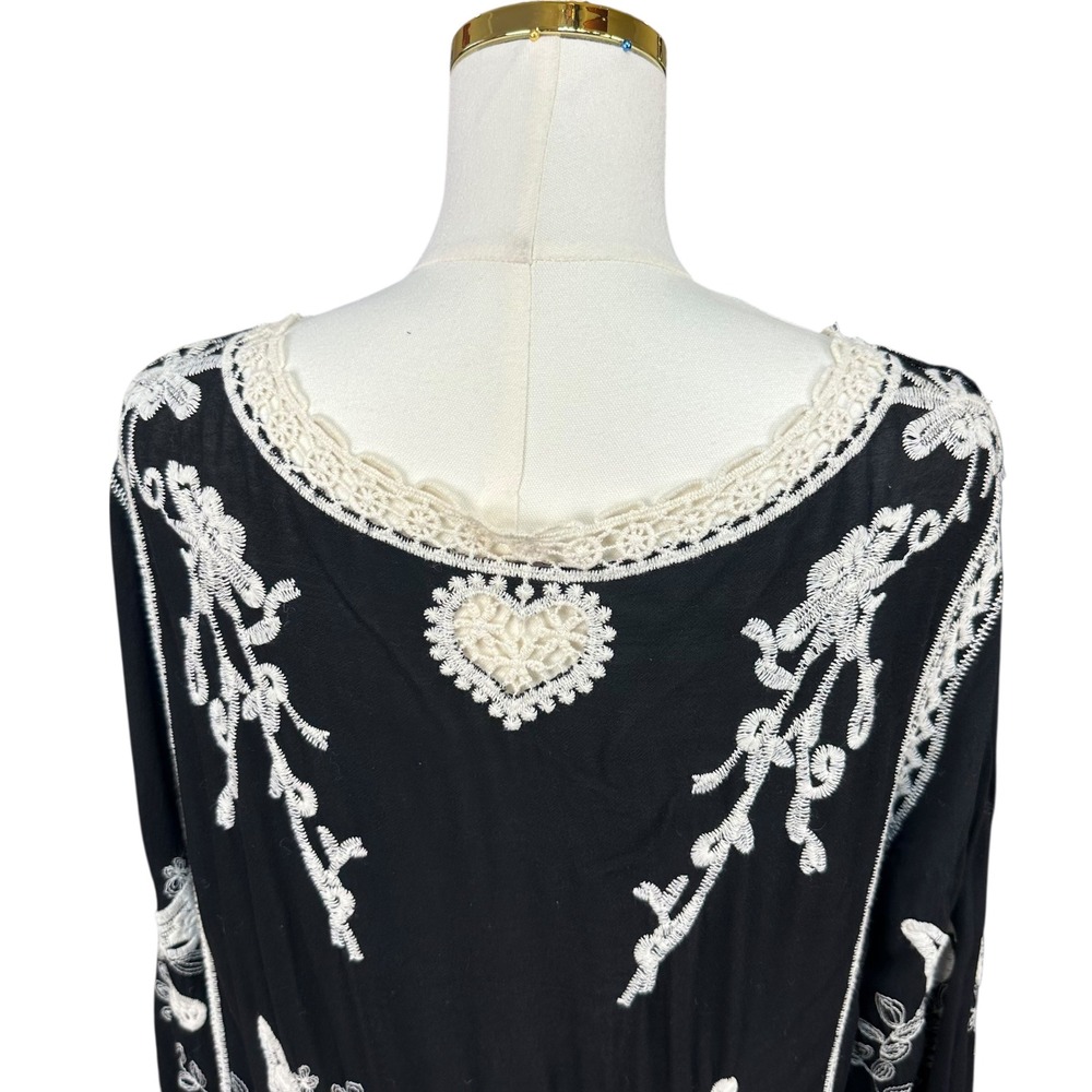 Boho Embroidered Bird Heart Lace Trim V-Neck Tunic Dress Black White 3/4 Sleeve - Picture 3 of 8
